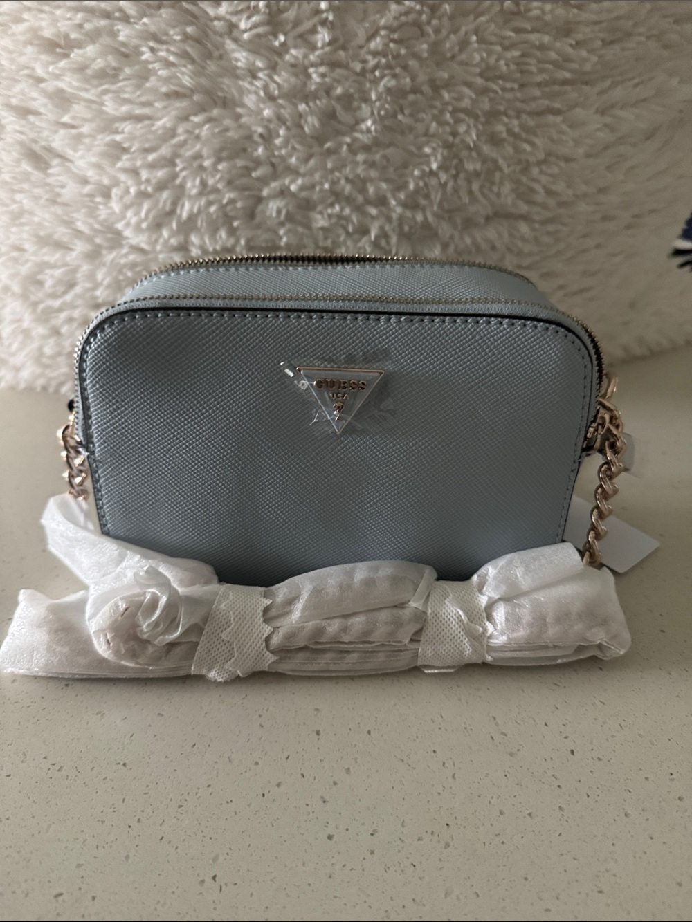 Guess by Marciano Powder Blue Crossbody with Gold Chain Strap